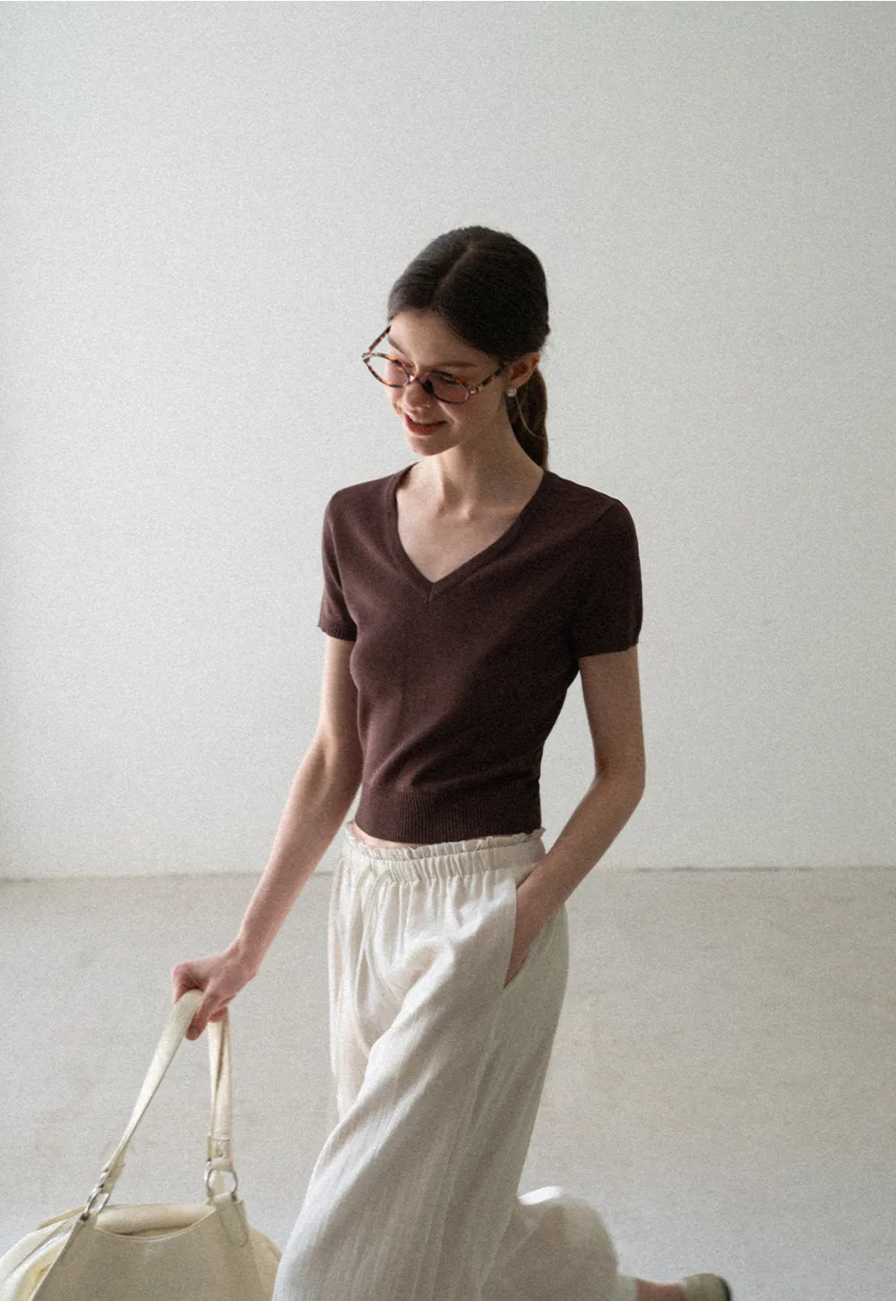 V Neck Short Sleeve Ribbed Knit Sweater