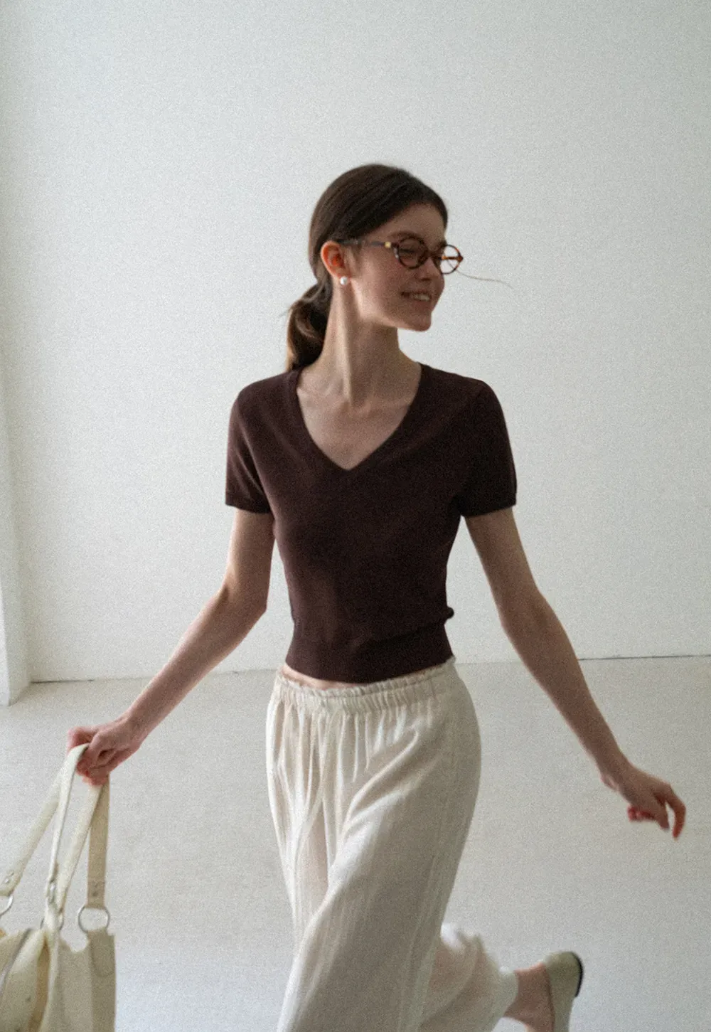 V Neck Short Sleeve Ribbed Knit Sweater