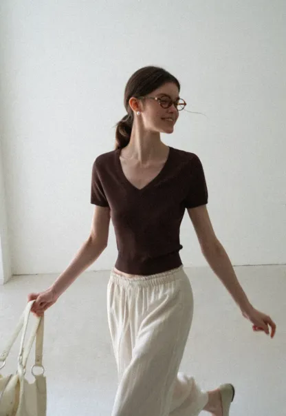 V Neck Short Sleeve Ribbed Knit Sweater