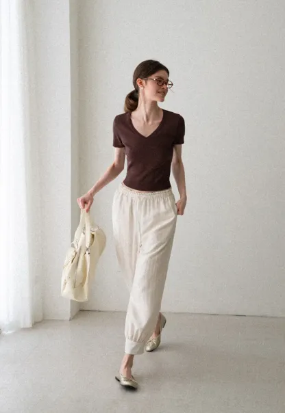 V Neck Short Sleeve Ribbed Knit Sweater