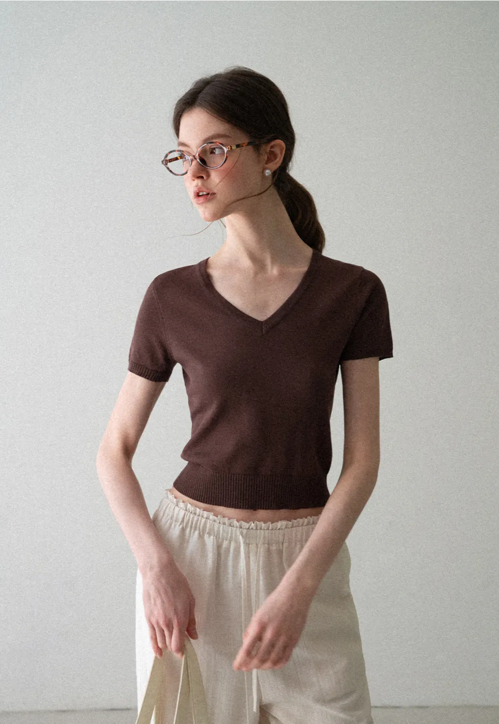 V Neck Short Sleeve Ribbed Knit Sweater