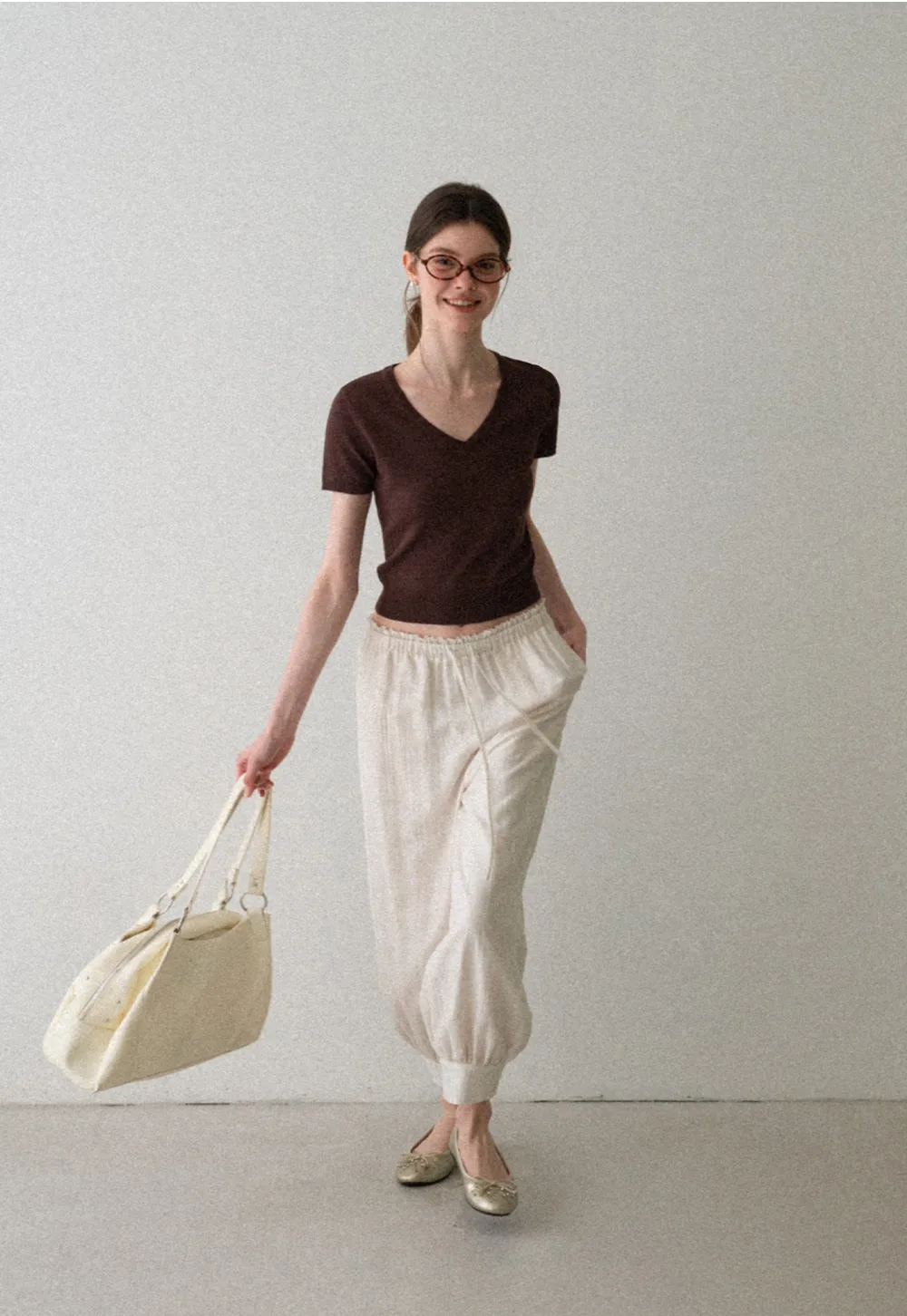 V Neck Short Sleeve Ribbed Knit Sweater