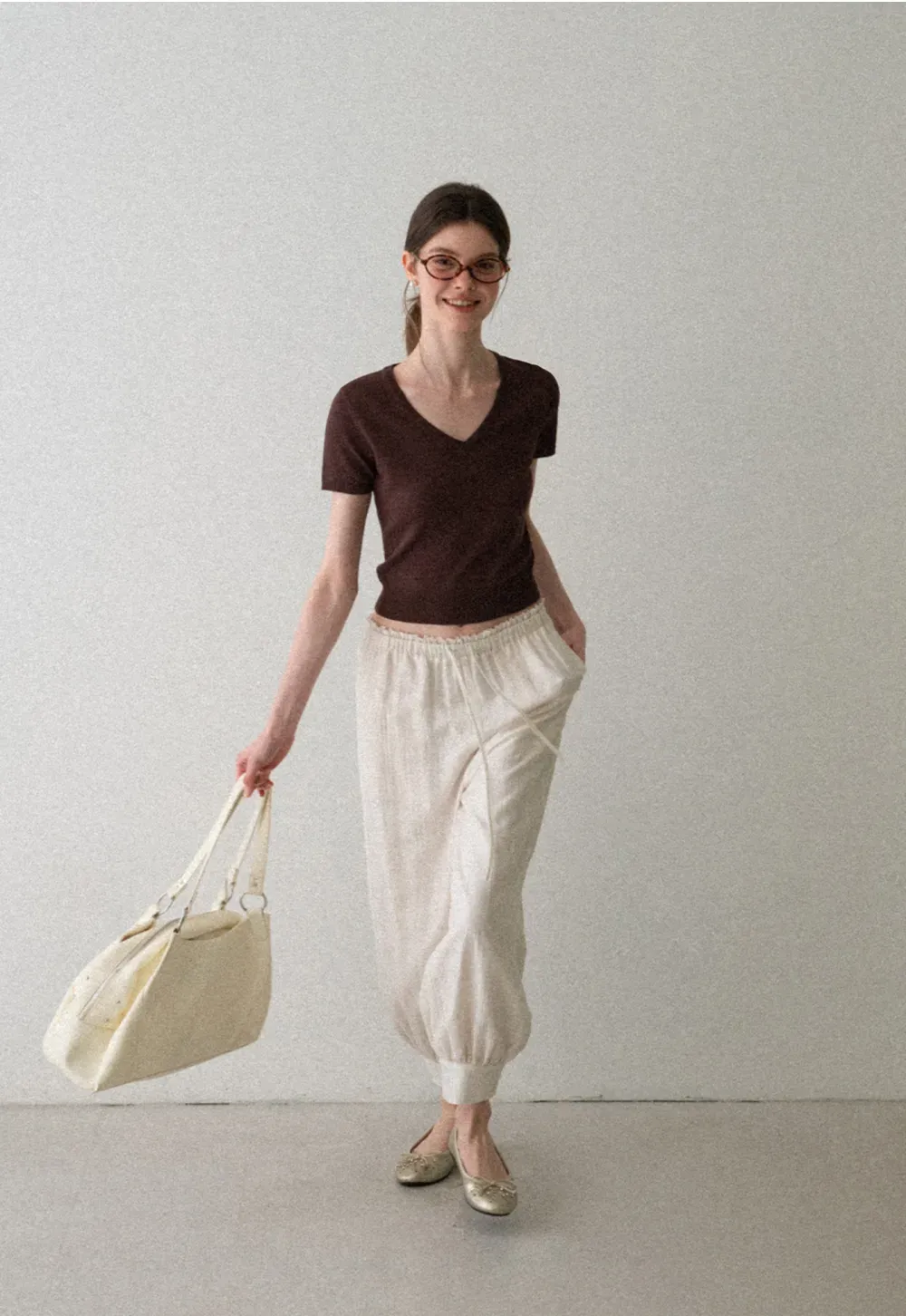 V Neck Short Sleeve Ribbed Knit Sweater