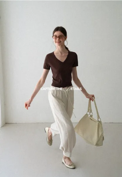 V Neck Short Sleeve Ribbed Knit Sweater