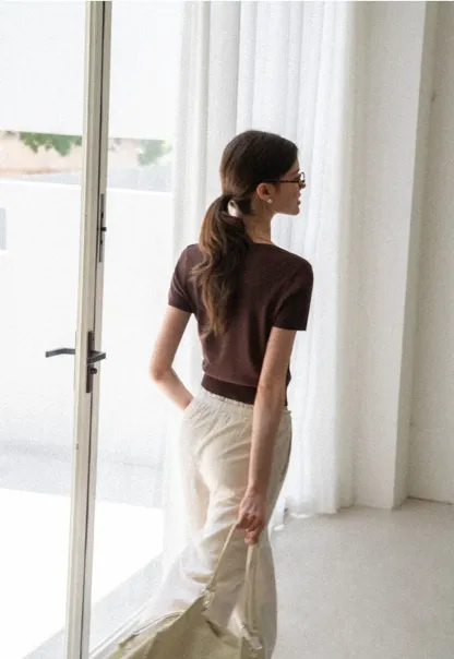 V Neck Short Sleeve Ribbed Knit Sweater
