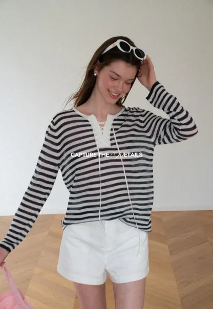 Lace Trim V Neck Long Sleeve Knit Sweater