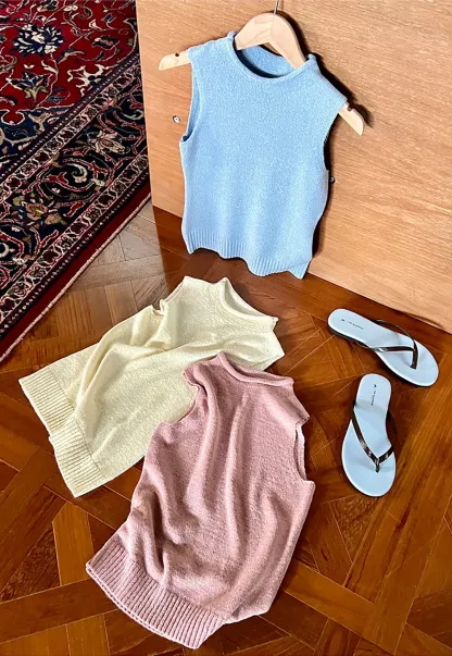 Ribbed Knit Sleeveless High Neck Sweater