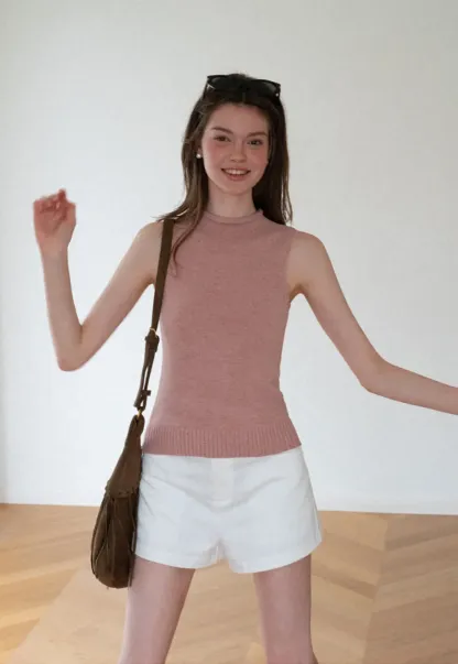 Ribbed Knit Sleeveless High Neck Sweater