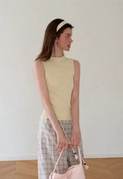 Ribbed Knit Sleeveless High Neck Sweater