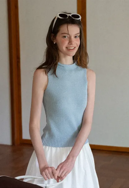 Ribbed Knit Sleeveless High Neck Sweater