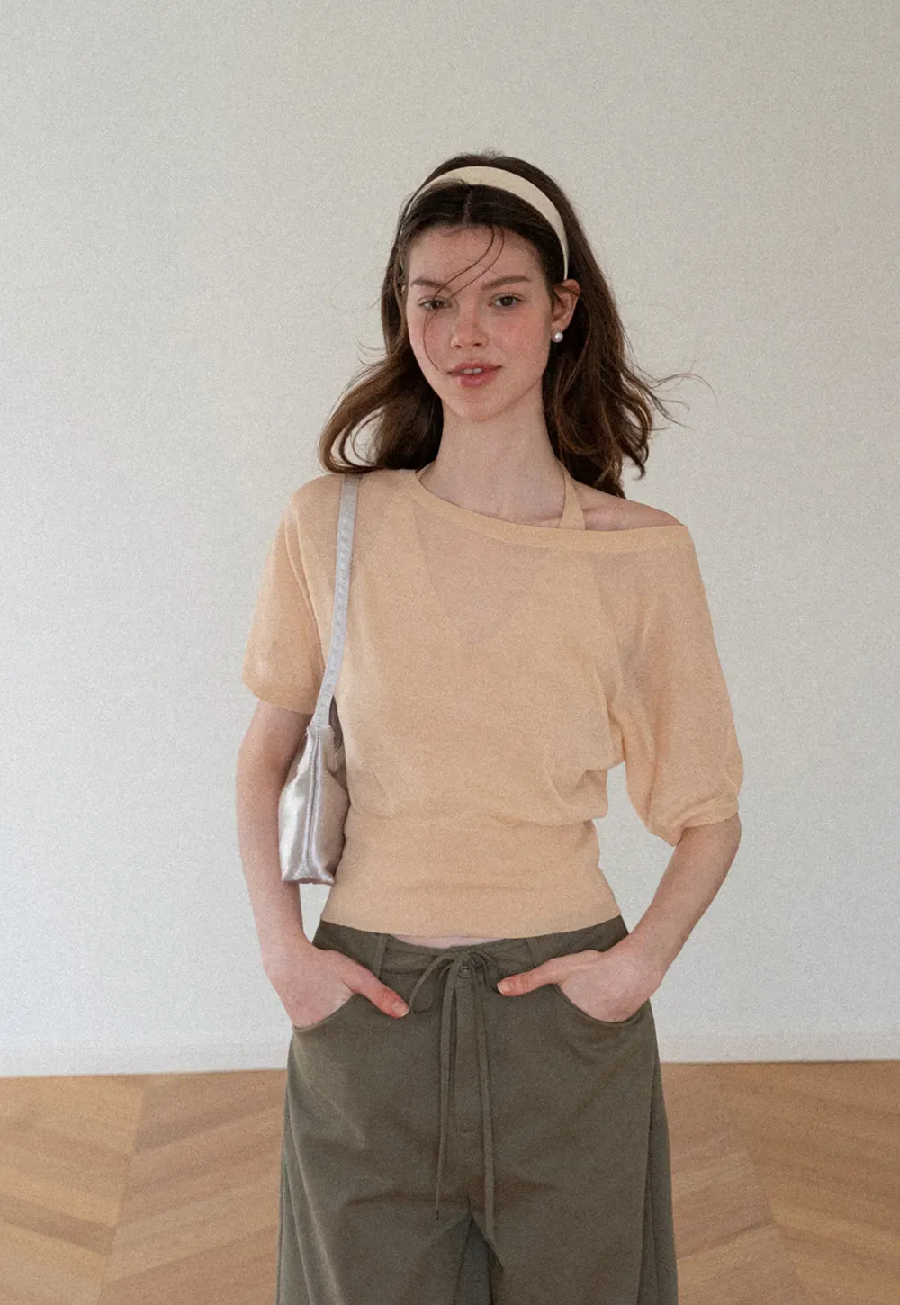 Asymmetrical Neck Cropped Woolen Knit Sweater