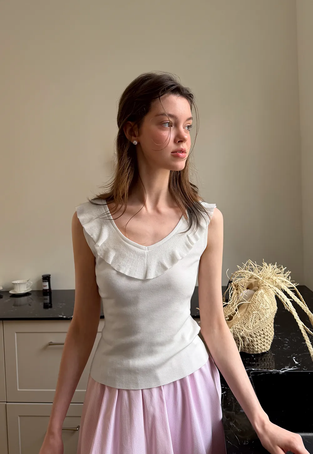 Ruffled Trim Sleeveless Knit Top