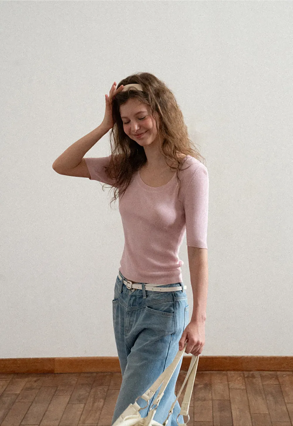 Ribbed Knit Short Sleeve Crew Neck Sweater
