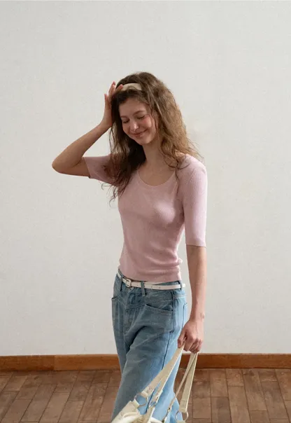 Ribbed Knit Short Sleeve Crew Neck Sweater