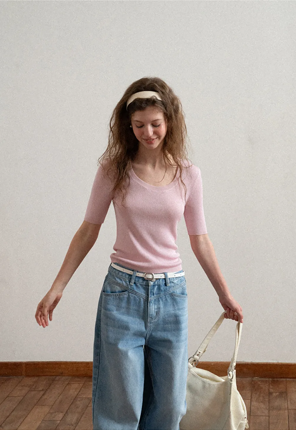 Ribbed Knit Short Sleeve Crew Neck Sweater