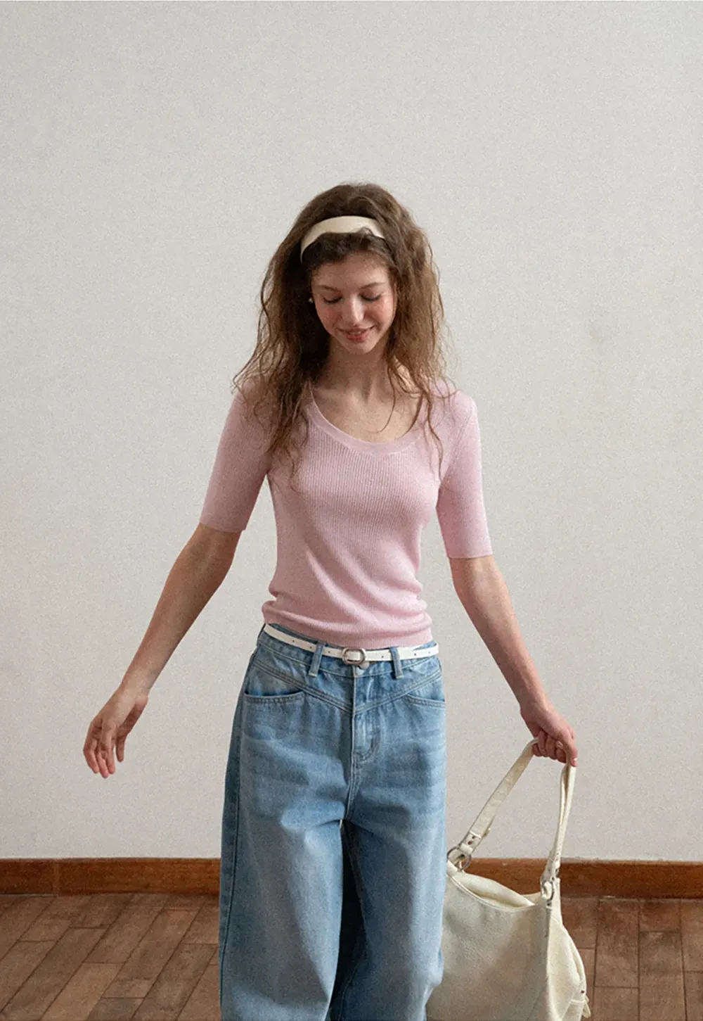 Ribbed Knit Short Sleeve Crew Neck Sweater
