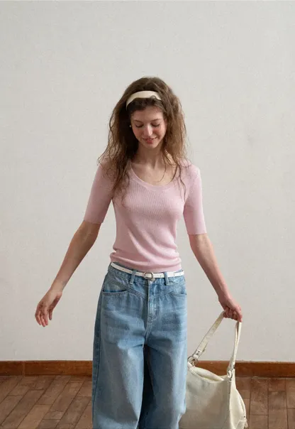 Ribbed Knit Short Sleeve Crew Neck Sweater