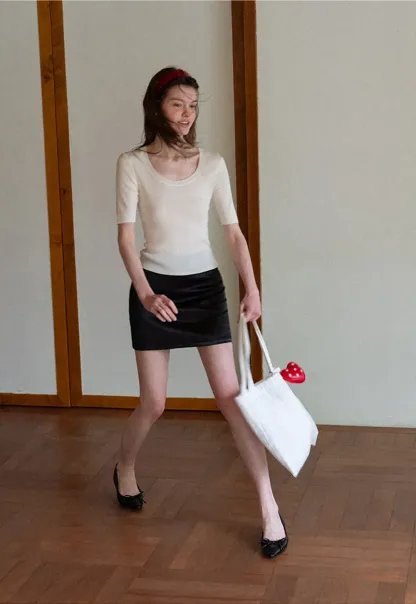 Ribbed Knit Short Sleeve Crew Neck Sweater