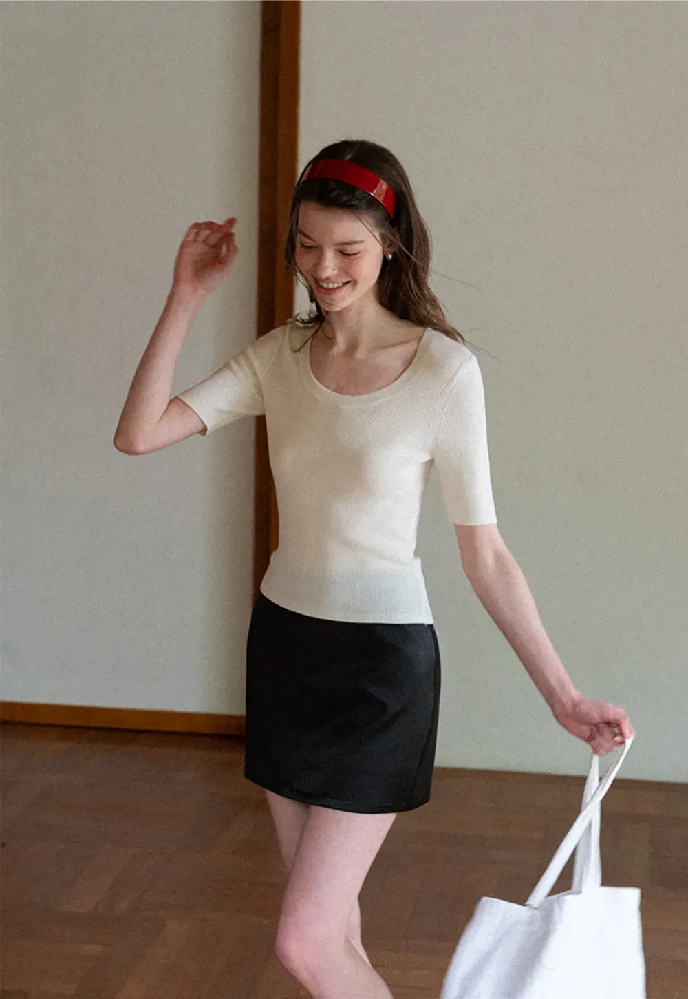 Ribbed Knit Short Sleeve Crew Neck Sweater
