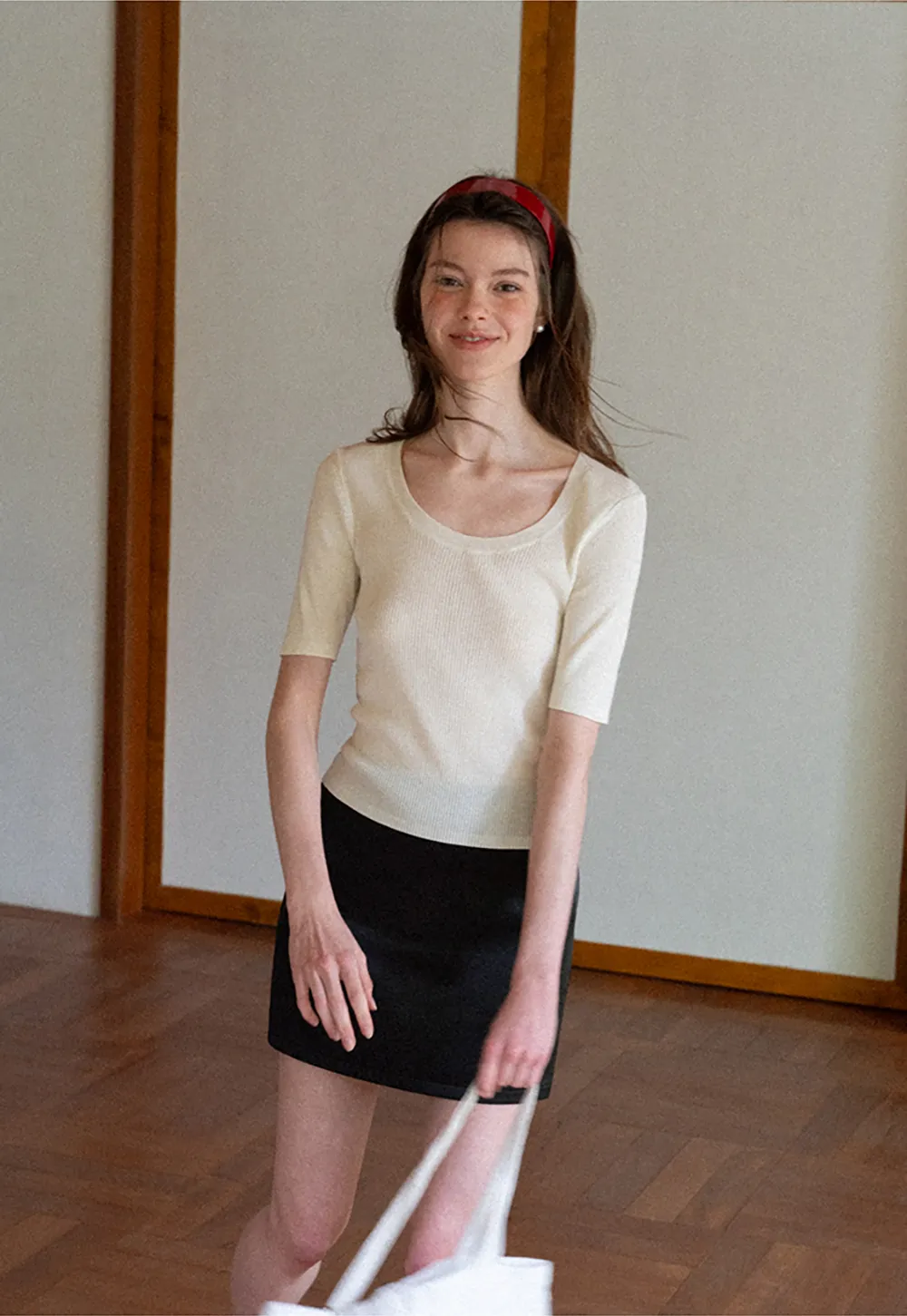 Ribbed Knit Short Sleeve Crew Neck Sweater