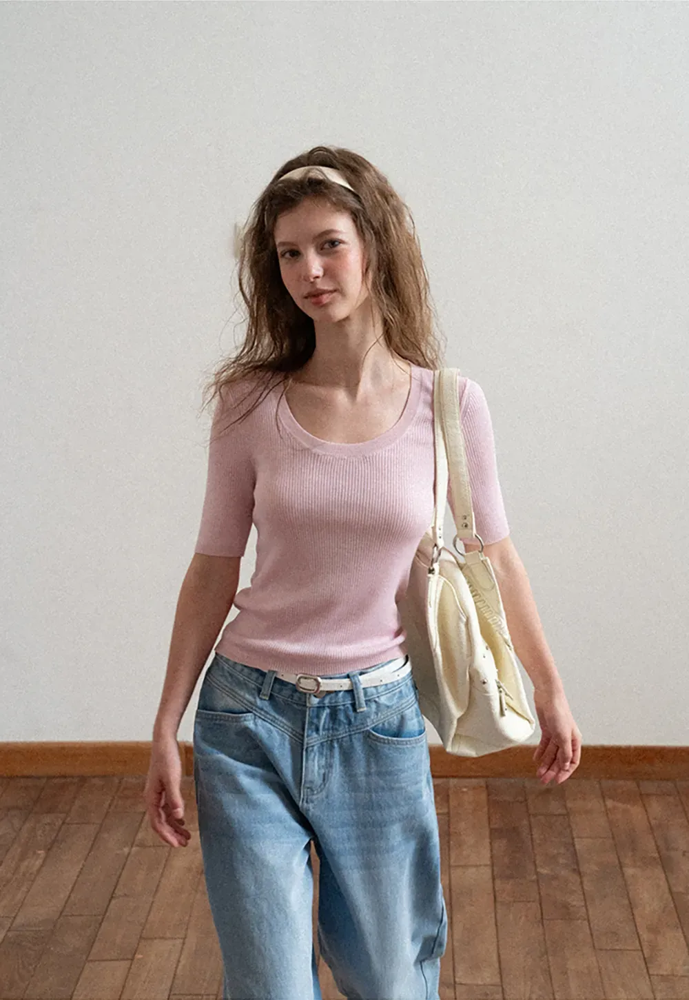Ribbed Knit Short Sleeve Crew Neck Sweater