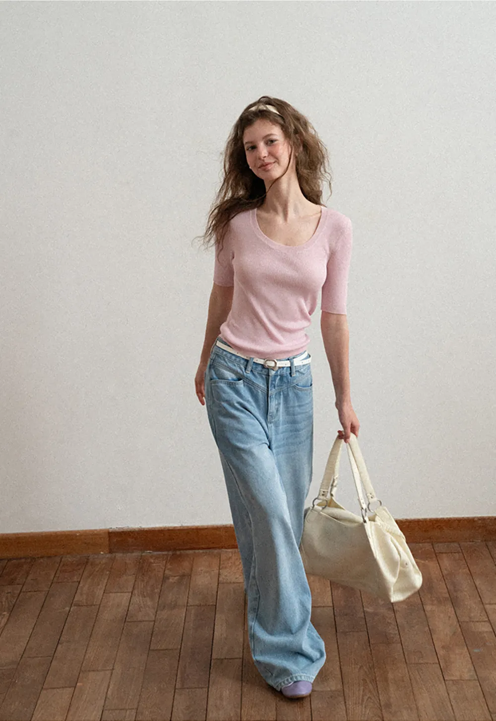 Ribbed Knit Short Sleeve Crew Neck Sweater