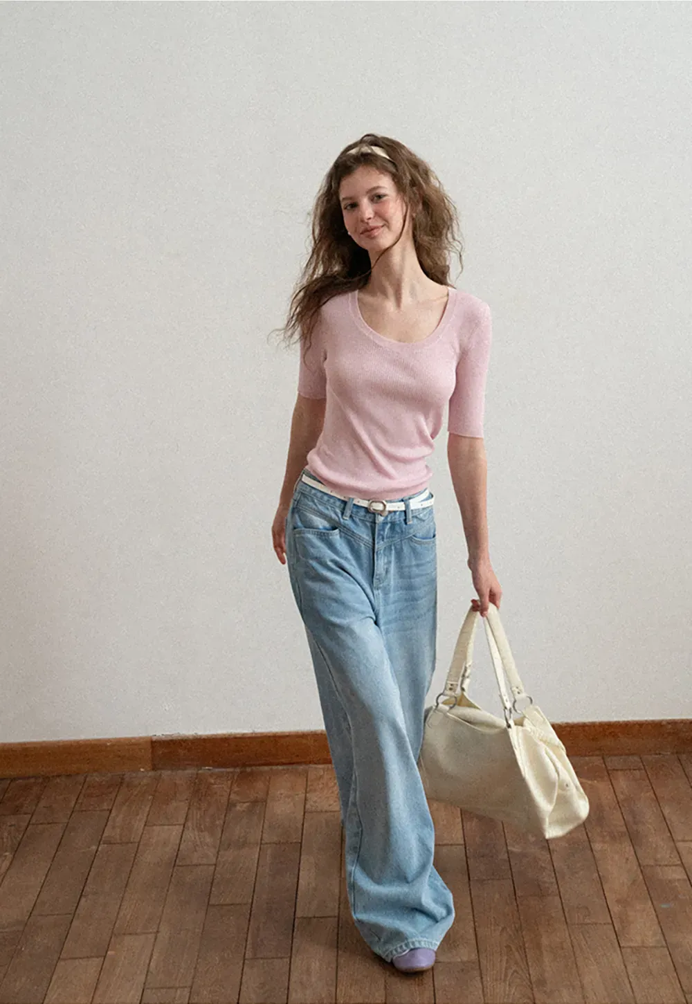 Ribbed Knit Short Sleeve Crew Neck Sweater