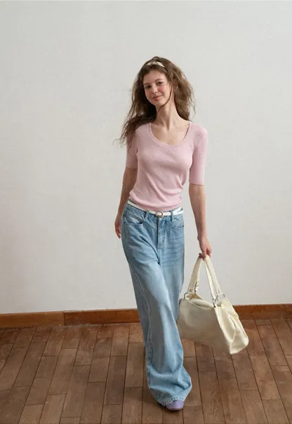 Ribbed Knit Short Sleeve Crew Neck Sweater