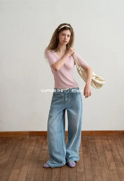 Ribbed Knit Short Sleeve Crew Neck Sweater