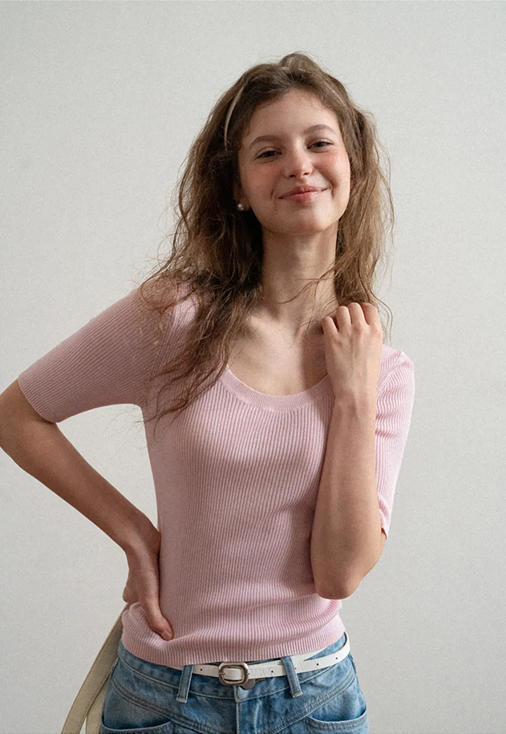 Ribbed Knit Short Sleeve Crew Neck Sweater