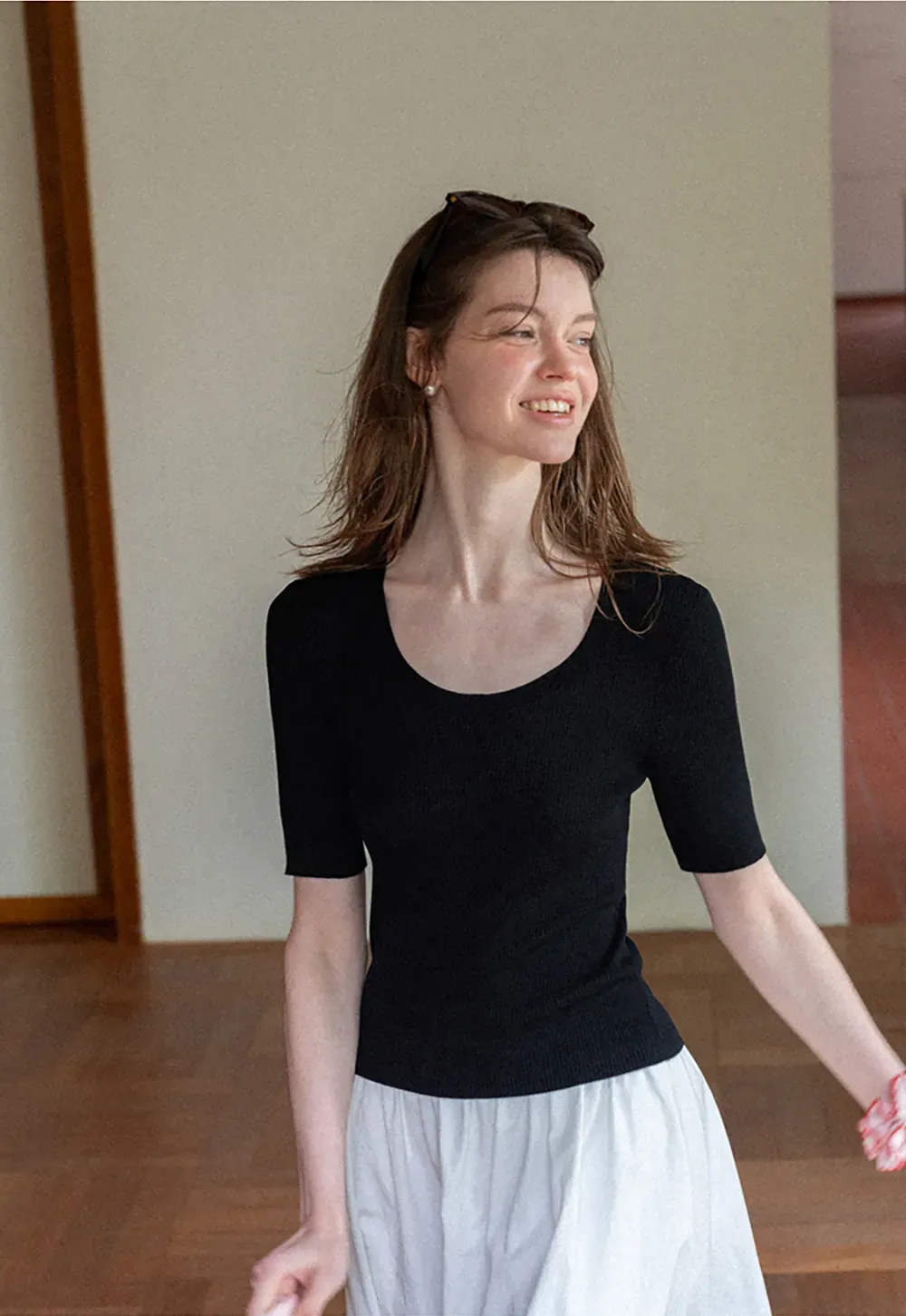 Ribbed Knit Short Sleeve Crew Neck Sweater