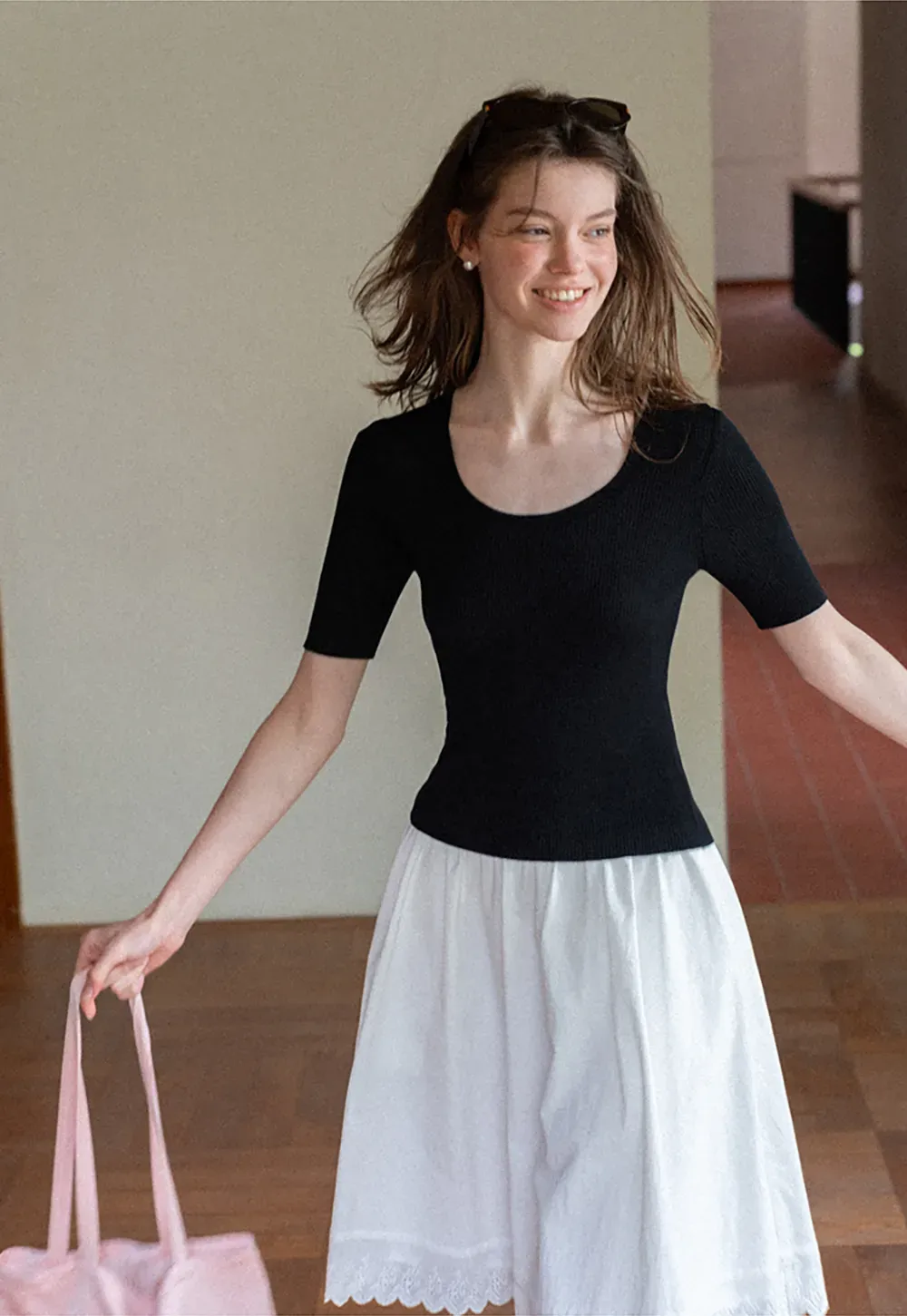 Ribbed Knit Short Sleeve Crew Neck Sweater