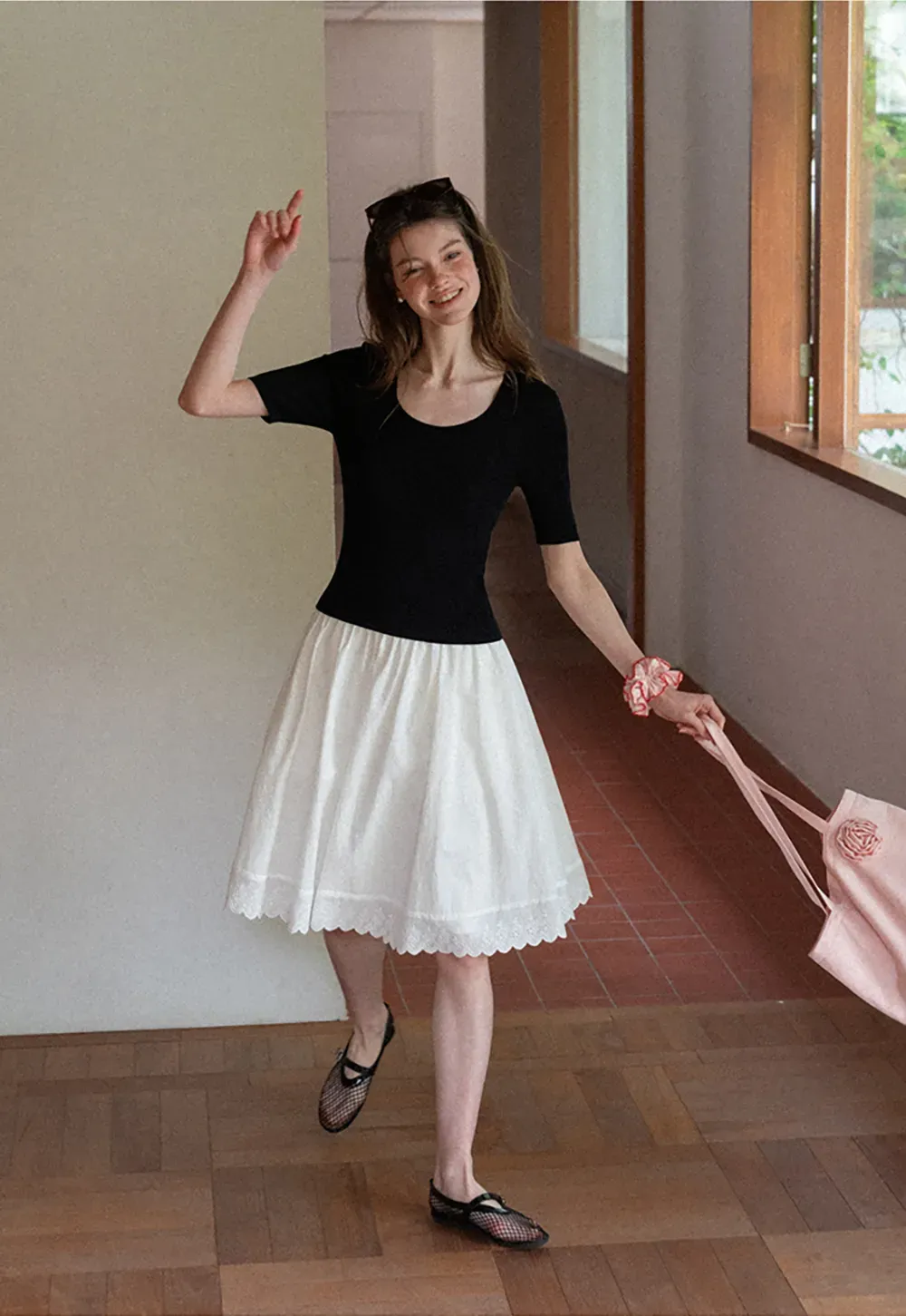 Ribbed Knit Short Sleeve Crew Neck Sweater