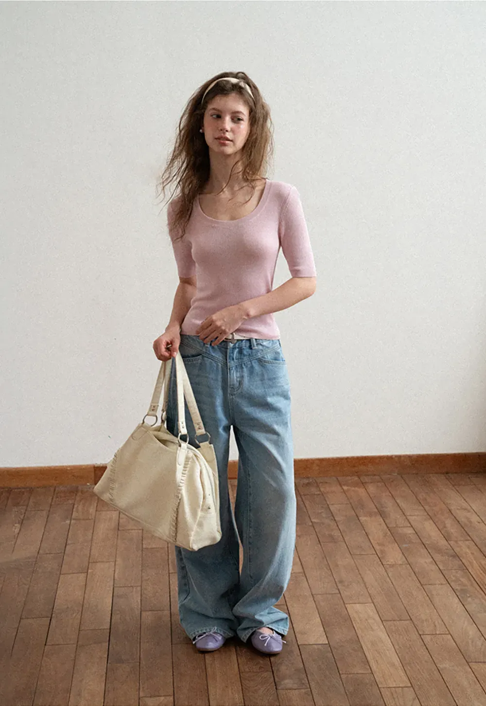 Ribbed Knit Short Sleeve Crew Neck Sweater