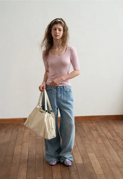 Ribbed Knit Short Sleeve Crew Neck Sweater