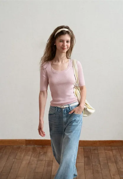 Ribbed Knit Short Sleeve Crew Neck Sweater