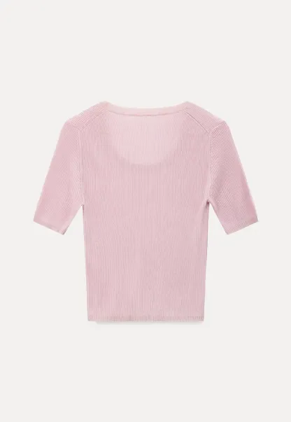 Ribbed Knit Short Sleeve Crew Neck Sweater
