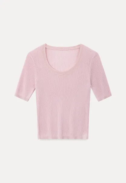 Ribbed Knit Short Sleeve Crew Neck Sweater