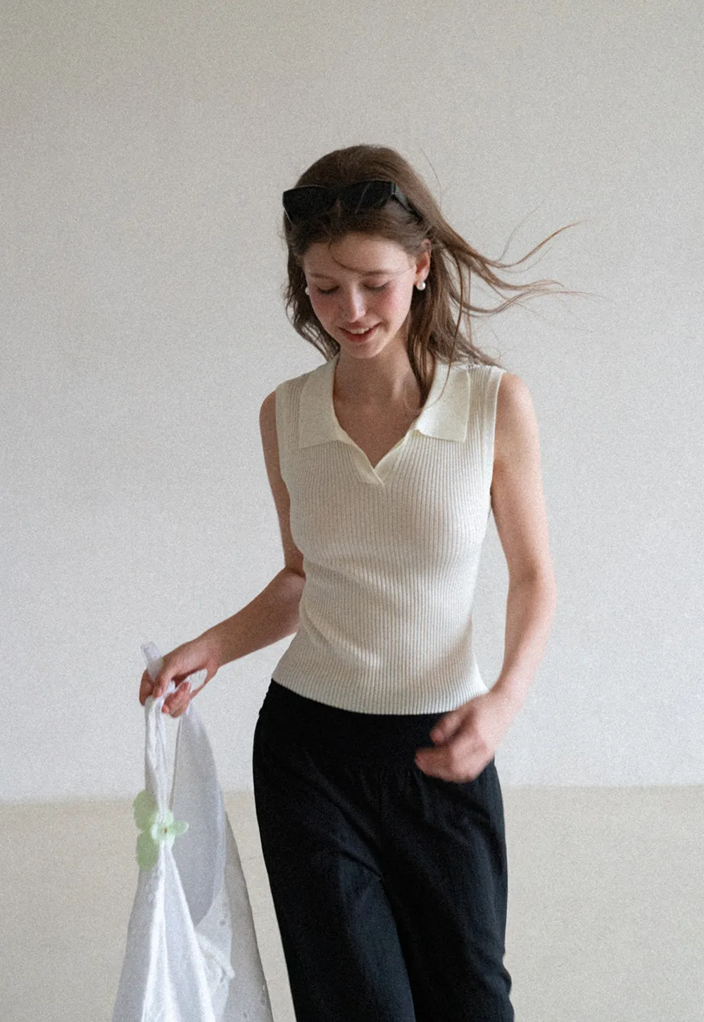 Ribbed Knit Sleeveless Polo Neck Top