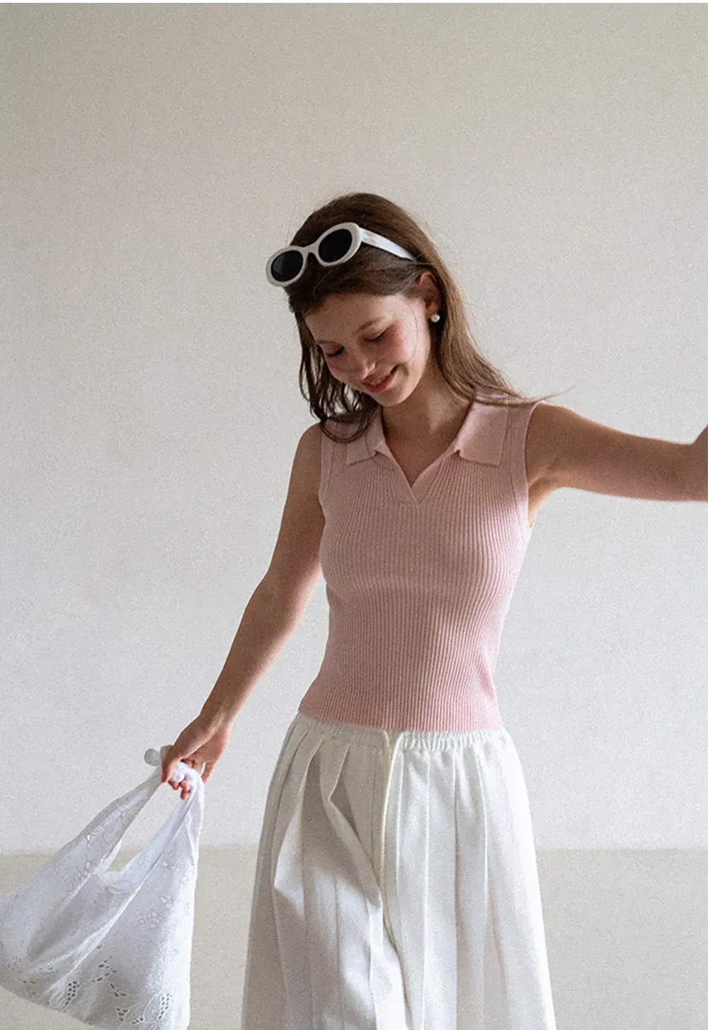 Ribbed Knit Sleeveless Polo Neck Top