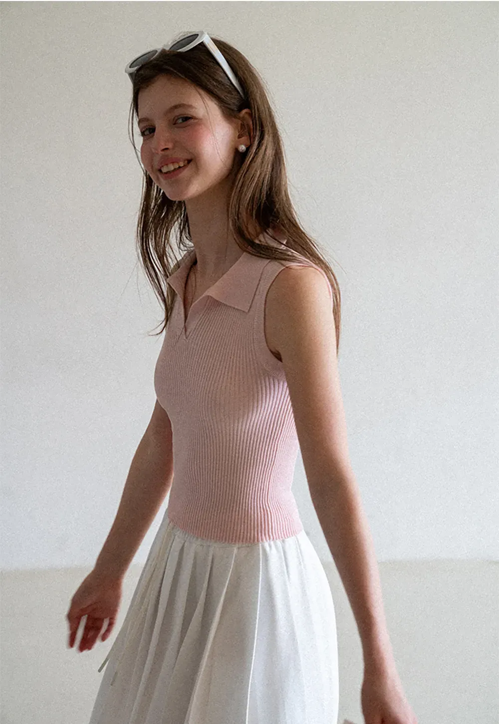 Ribbed Knit Sleeveless Polo Neck Top
