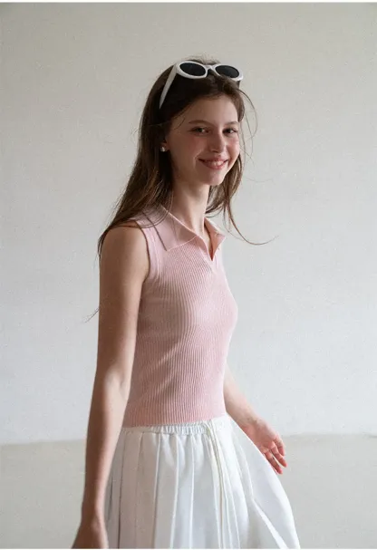 Ribbed Knit Sleeveless Polo Neck Top