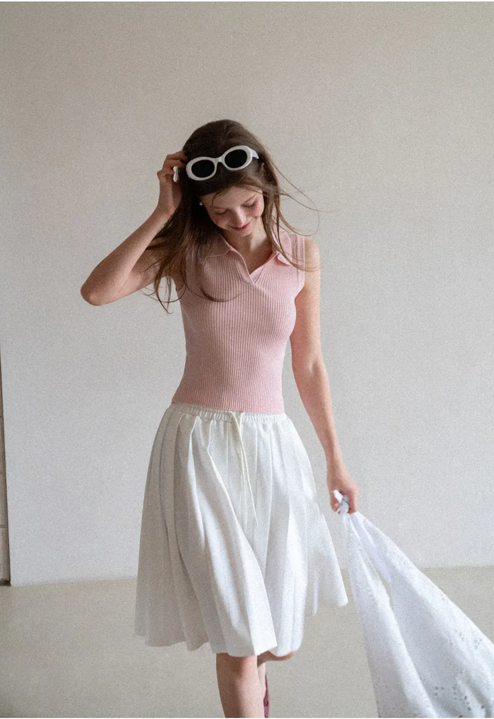 Ribbed Knit Sleeveless Polo Neck Top