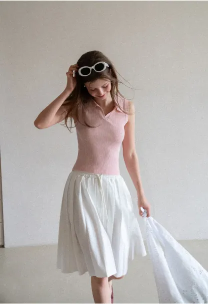 Ribbed Knit Sleeveless Polo Neck Top