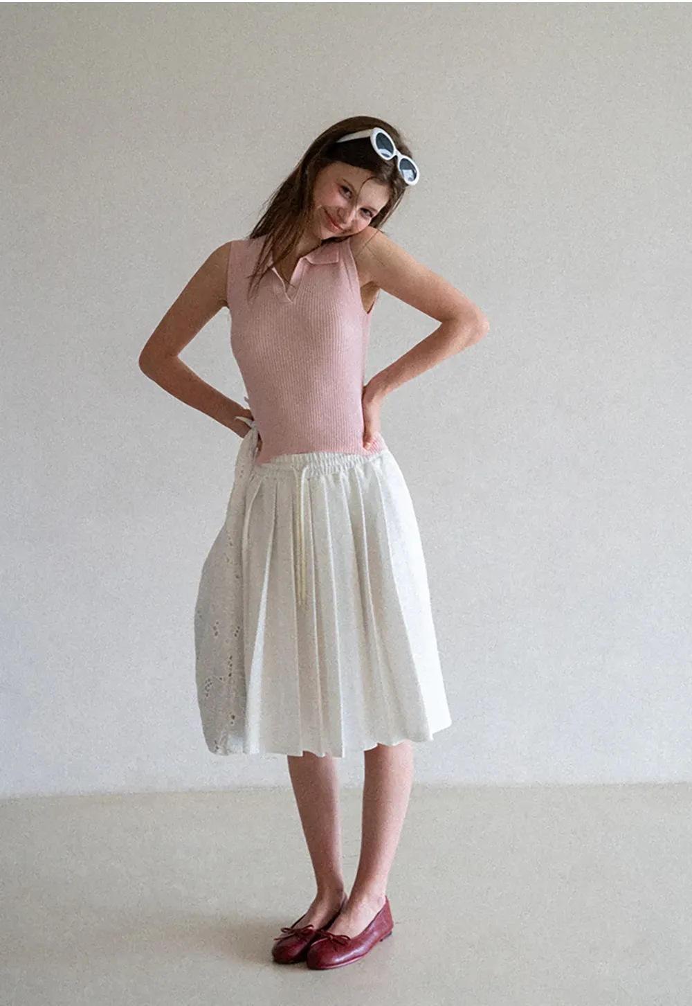 Ribbed Knit Sleeveless Polo Neck Top