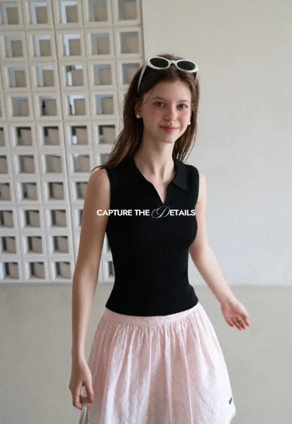 Ribbed Knit Sleeveless Polo Neck Top