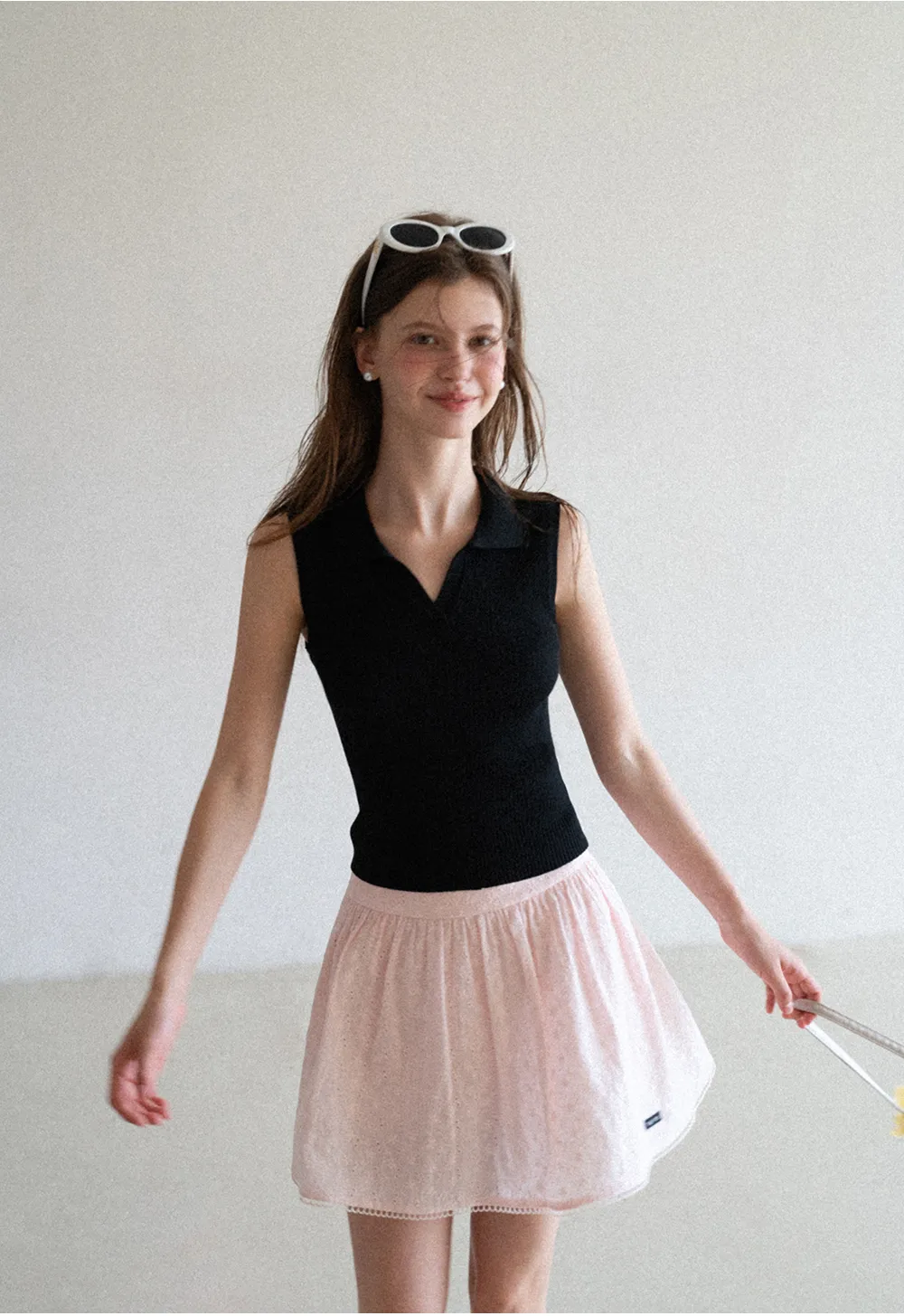Ribbed Knit Sleeveless Polo Neck Top