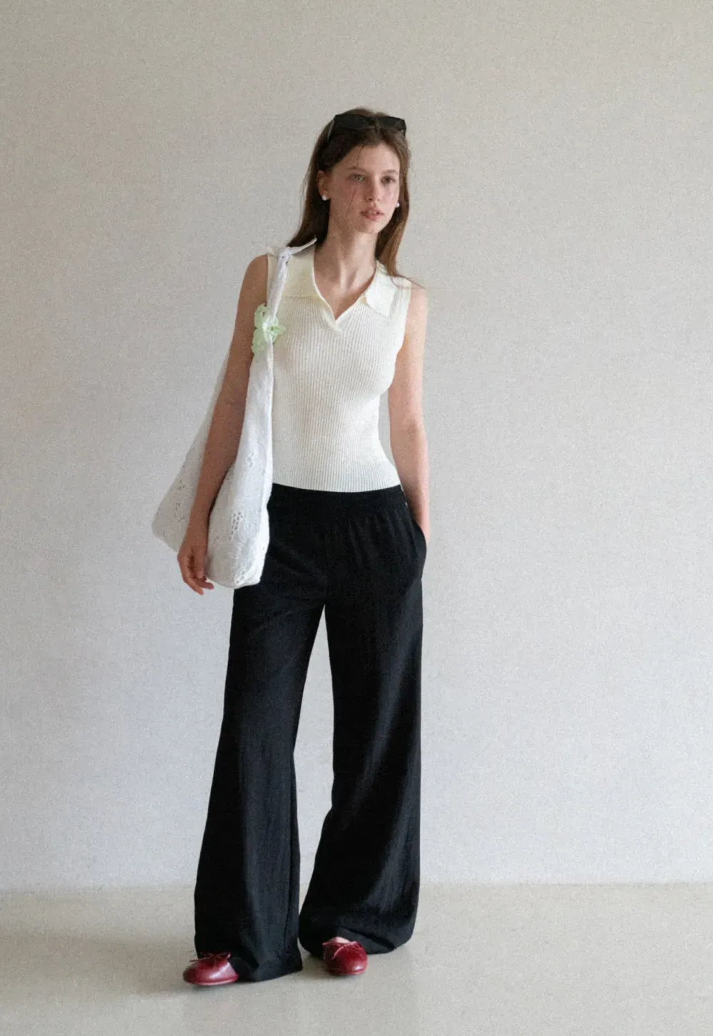 Ribbed Knit Sleeveless Polo Neck Top