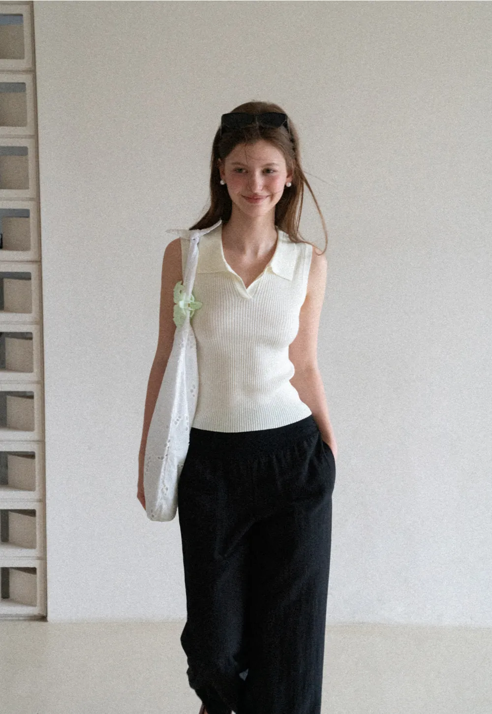 Ribbed Knit Sleeveless Polo Neck Top