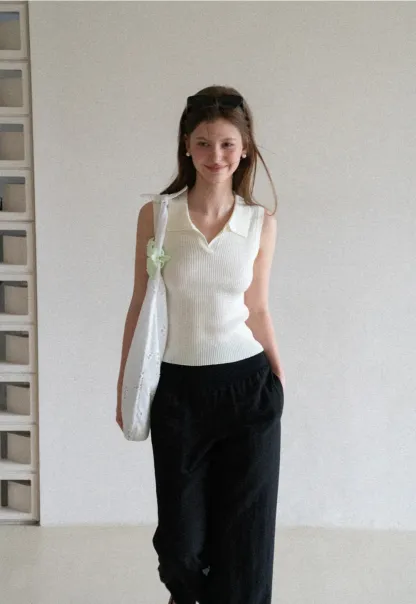 Ribbed Knit Sleeveless Polo Neck Top